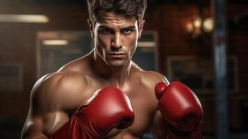 ai genererad allvarlig manlig boxare i en röd boxning handskar redo för en match. begrepp av styrka, bestämning, och beredskap för konkurrens i boxning. foto