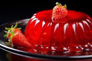 ai genererad vibrerande röd gelé eras på en glas maträtt, Utsmyckad med jordgubbar. ljuv frukt efterrätt. för använda sig av i kulinariska webbplatser, mat bloggar, catering tjänster, recept böcker, och efterrätt menyer foto