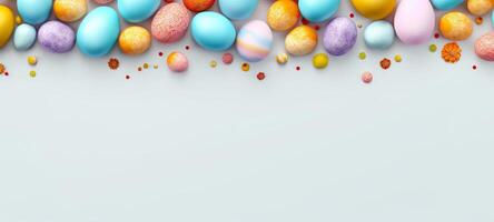 ai genererad flerfärgad påsk ägg med olika mönster, omgiven förbi ljus konfetti på vit bakgrund. idealisk för Semester dekoration, påsk försäljning annons, händelse meddelande. baner foto