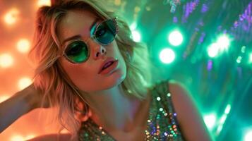 ai genererad glamorös blond kvinna i grön glitter klänning och juvelerade glasögon på en vibrerande neon bakgrund. begrepp för maskerad, Semester och företags- fest. idealisk för stil tidningar och del foto