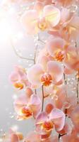 ai genererad persika vit orkidéer bukett på ljus bakgrund med glitter och bokeh. baner med kopia Plats. perfekt för affisch, hälsning kort, händelse inbjudan, befordran, reklam, elegant desig foto