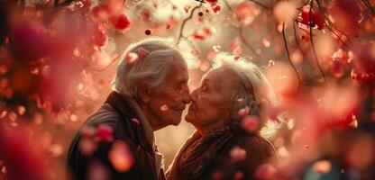 ai genererad öm äldre par aktier en innerlig kyss mitt i en mjuk bakgrund av röd reste sig kronblad, frammanande evighet kärlek. perfekt för hälsning kort och sentimental teman. valentine foto