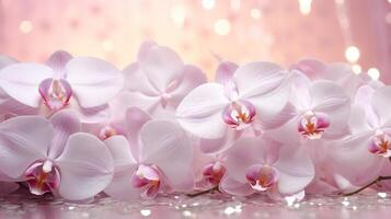 ai genererad orkidéer bukett på ljus rosa bakgrund med glitter och bokeh. baner med kopia Plats. perfekt för affisch, hälsning kort, händelse inbjudan, befordran, reklam, skriva ut foto