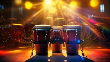 ai genererad uppsättning av conga trummor på en skede med dramatisk bakgrundsbelysning. perfekt för musik händelse posters eller studio befordran. traditionell percussion musikalisk instrument av afro-kubanska. ljus prestanda. foto