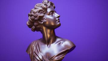 ai genererad brons staty av en kvinna huvud med klassisk funktioner på en lila bakgrund, lämplig för konst och historia teman foto