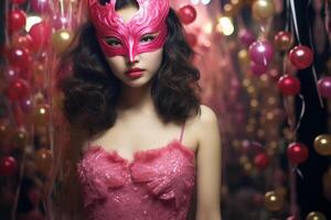 ai genererad en ung asiatisk kvinna i en gnistrande rosa klänning och en maskerad mask, uppsättning mot en festlig bakgrund. begrepp för maskerad, Semester och företags- fest. foto