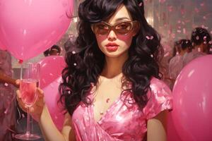 ai genererad illustration av en ung kvinna i en gnistrande rosa klänning och en solglasögon, med en glas av champagne, uppsättning mot en festlig bakgrund. begrepp för maskerad, Semester och företags- fest. foto