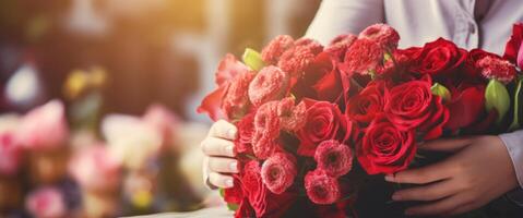 ai genererad kvinna händer göra skön bukett av röd ro i blommig affär. blomsterhandlare arbetsplats. baner med kopia Plats. idealisk för valentines dag kampanjer, blomma affär annonser, romantisk foto