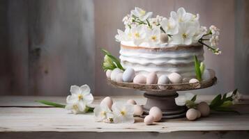 ai genererad påsk firande kaka Utsmyckad med färgrik ägg och vit blommor. baner med kopia Plats. kan vara Begagnade i säsong- bakverk kampanjer, mat bloggar foto