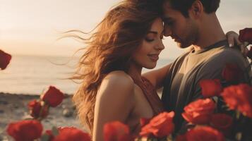ai genererad romantisk par fattande förbi de hav på solnedgång med röd rosor. intim ögonblick. idealisk som vykort för valentines dag, bröllop, årsdag eller kärlek berättelse teman. begrepp av roman foto