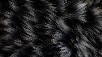 ai genererad svart päls stänga upp. naturlig djur- hårig textur. päls av en svart panter, katt, hund, Björn, räv. begrepp är mjukhet, bekvämlighet och lyx. kan vara Begagnade som bakgrund, mode, textil, foto
