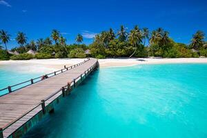 maldiverna paradis tillflykt. tropisk antenn landskap, marinmålning med lång brygga, vatten villor med Fantastisk hav och lagun strand, tropisk natur. exotisk turism destination baner, sommar semester foto