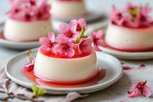 ai genererad panna cotta toppade med en delikat körsbär blommar i sirap. generativ ai foto