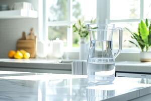 ai genererad glas karaff fylld med rena dricka vatten i en modern kök. generativ ai foto