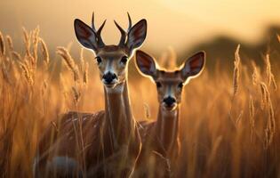 ai genererad två gaseller stående i en gräsmark, gaseller och antiloper bild foto