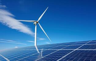 ai genererad vind turbin och sol- paneler fånga förnybar energi, förnybar energi innovationer begrepp foto