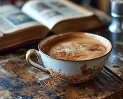ai genererad en vit kopp av kaffe med en bok bakgrund, kaffe råna bild hd foto