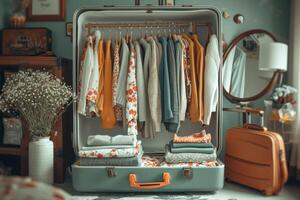 ai genererad en Hem klä på sig rum. en garderob i de form av en resväska full av kläder i en Hem interiör. de illustration foto