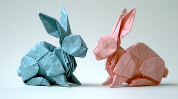 ai genererad blå och rosa origami kaniner söt och tillverkad, påsk hantverk bild foto