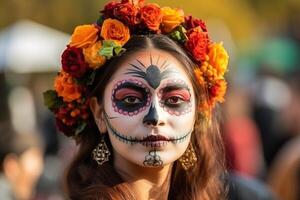 ai genererad porträtt av en skön ung mexikansk kvinna med skalle smink och blommor på dag av död foto