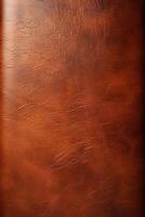 ai genererad yta brun äkta läder textur, vertikal grunge bakgrund foto