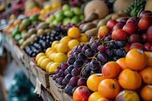 ai genererad frukt bås med uppsättning av annorlunda mogen frukt på de lokal- marknadsföra foto