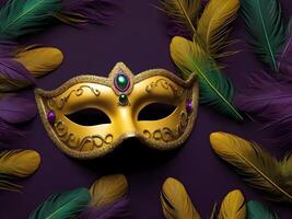 ai genererad mardi gras mask med fjädrar på lila bakgrund foto