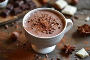 ai genererad utsökt naturlig kakao dryck med choklad i en råna på de tabell. en källa av vitaminer och energi foto