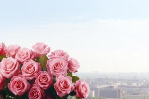 ai genererad blommor på stad horisont bakgrund foto