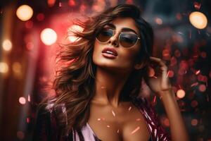ai genererad söder asiatisk kvinna modell bär solglasögon foto