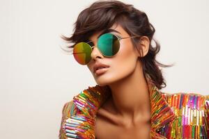 ai genererad kvinna modell bär färgrik kläder och solglasögon foto