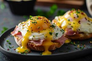 ai genererad utsökt hemlagad frukost med ägg benedict på en tallrik. generativ ai foto