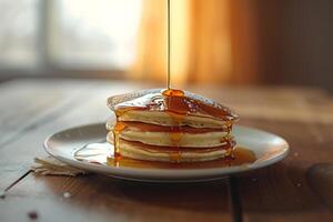 ai genererad hemlagad stack klassisk pannkakor med lönn sirap. generativ ai foto