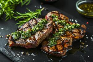 ai genererad hemlagad grillad biff med chimichurri sås och kryddor. generativ ai foto