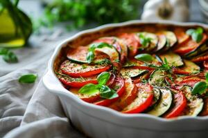 ai genererad zucchini och tomater gratäng med bechamel sås och ost. generativ ai foto