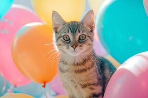 ai genererad katt sitter bland de festlig dekorationer. kattunge bland ballonger. generativ ai foto