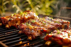 ai genererad revben grillad med bbq sås och caramelized i honung. generativ ai foto