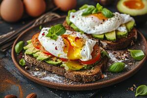 ai genererad avokado rostat bröd med vattenbad ägg. friska frukost. generativ ai foto