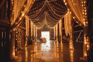 ai genererad inomhus- ladugård bröllop med sträng belysning till fira äktenskap i en rustik miljö. generativ ai foto