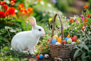 ai genererad vit kanin med en korg full av färgrik påsk ägg på grön bakgrund. generativ ai foto