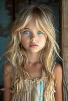 ai genererad en närbild porträtt av en liten flicka .hon är en Söt, ljuv, attraktiv, nyfiken, kreativ, glad flicka foto