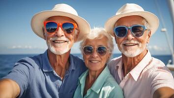 ai genererad porträtt av Lycklig äldre människor på semester på hav foto