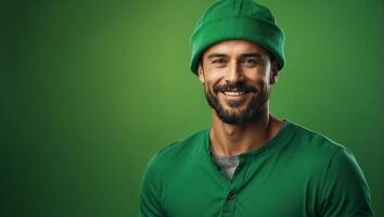 ai genererad eleganta Lycklig man i grön hatt och grön kläder foto