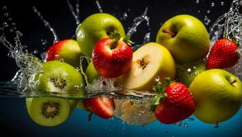 ai genererad färsk mogen frukt och jordgubbe, vatten droppar, stänk foto