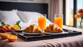 ai genererad glasögon av orange juice, croissanter på en bricka på de säng foto