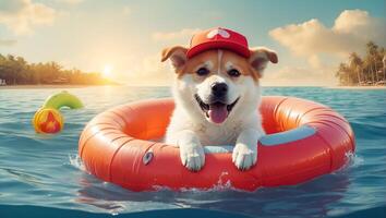 ai genererad söt hund i en simning cirkel på hav foto