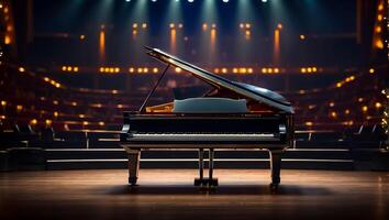 ai genererad skön svart piano i de konsert hall foto