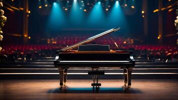 ai genererad skön svart piano i de konsert hall foto