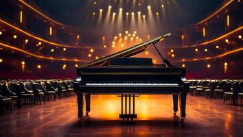 ai genererad skön svart piano i de konsert hall foto