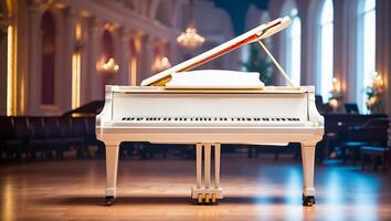 ai genererad skön vit piano i de konsert hall foto